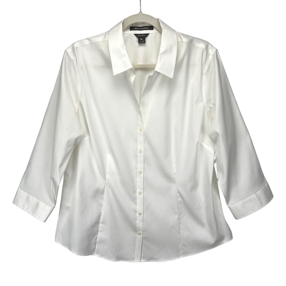 ⛔️ SOLD! ⛔️ Eddie Bauer White Blouse XL Button 3/4 Sleeve Fitted Shirt Stretch